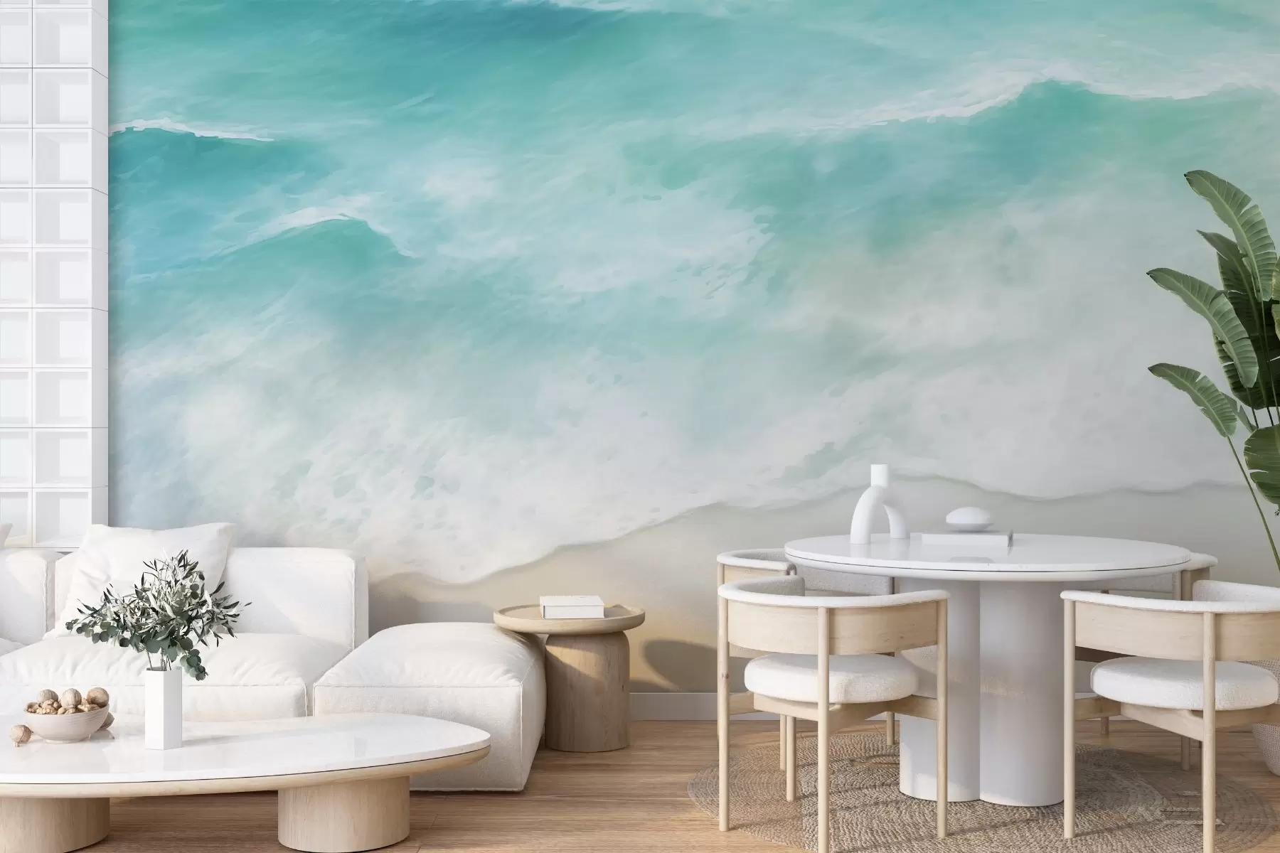 murales de pared Calma costera,Olas del mar, arena, orilla, espuma, agua w03787