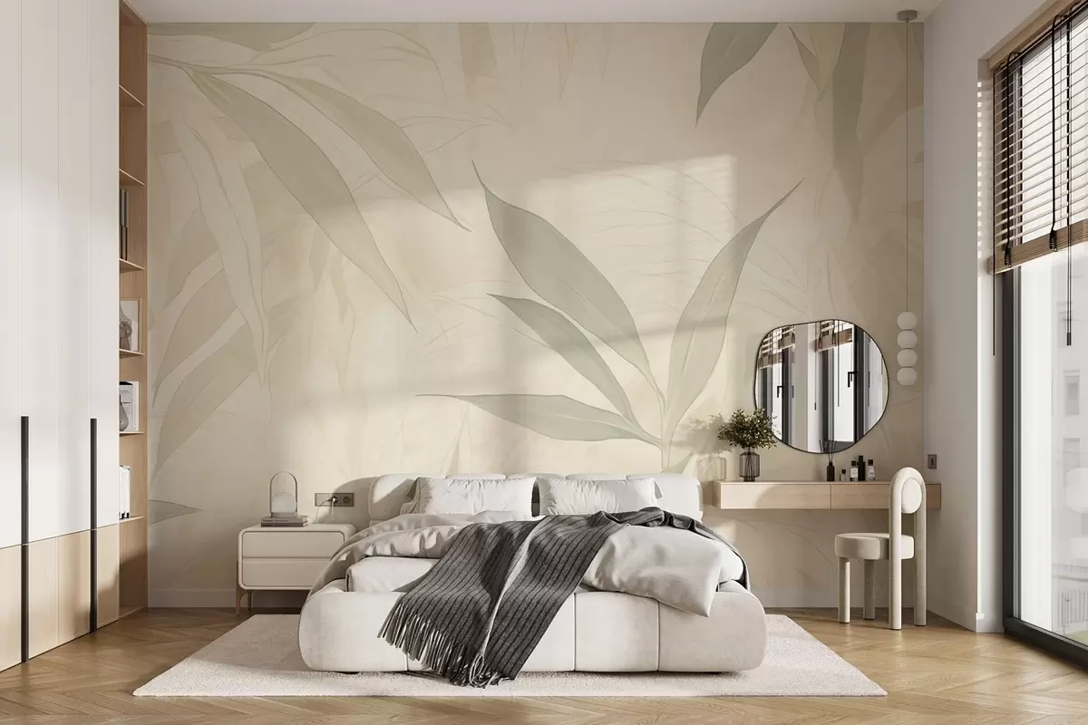murales de pared Ramas con hojas en suaves tonos verdes sobre fondo beige w09027