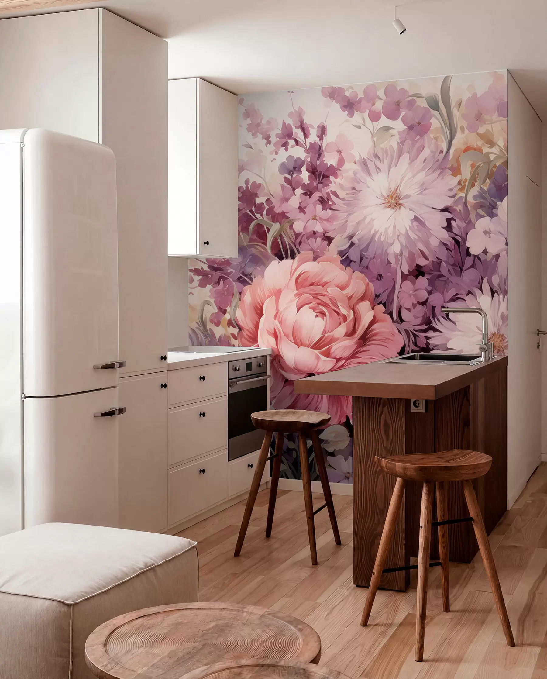 murales de pared Flores coloridas en tonos rosas y morados: lilas, peonías, crisantemos w09039