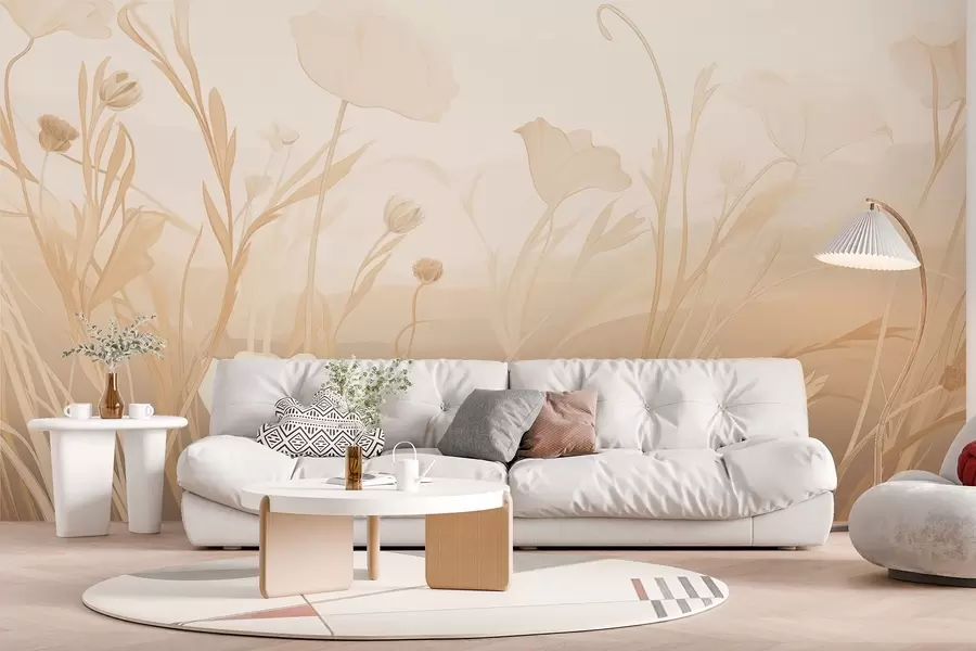 murales de pared Amapolas blancas en tonos beige-gris w09041