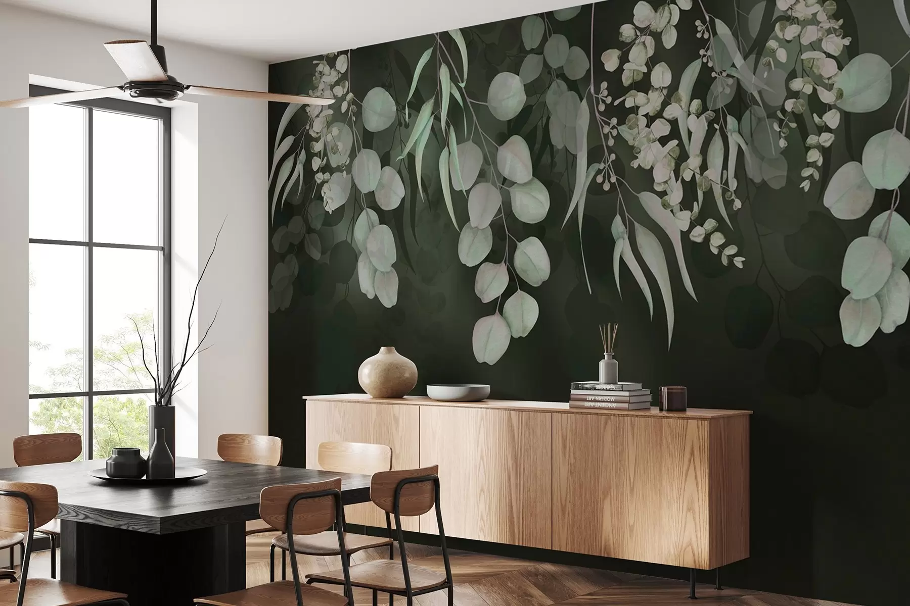 murales de pared Hojas tropicales sobre fondo verde oscuro, floral w03752