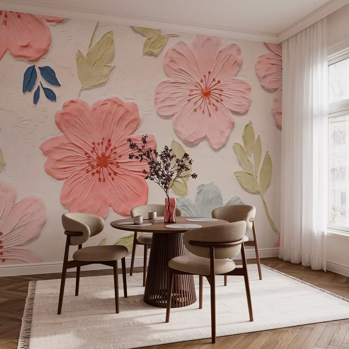 murales de pared Flores en relieve en estilo bajorrelieve con tonos rosados w03797