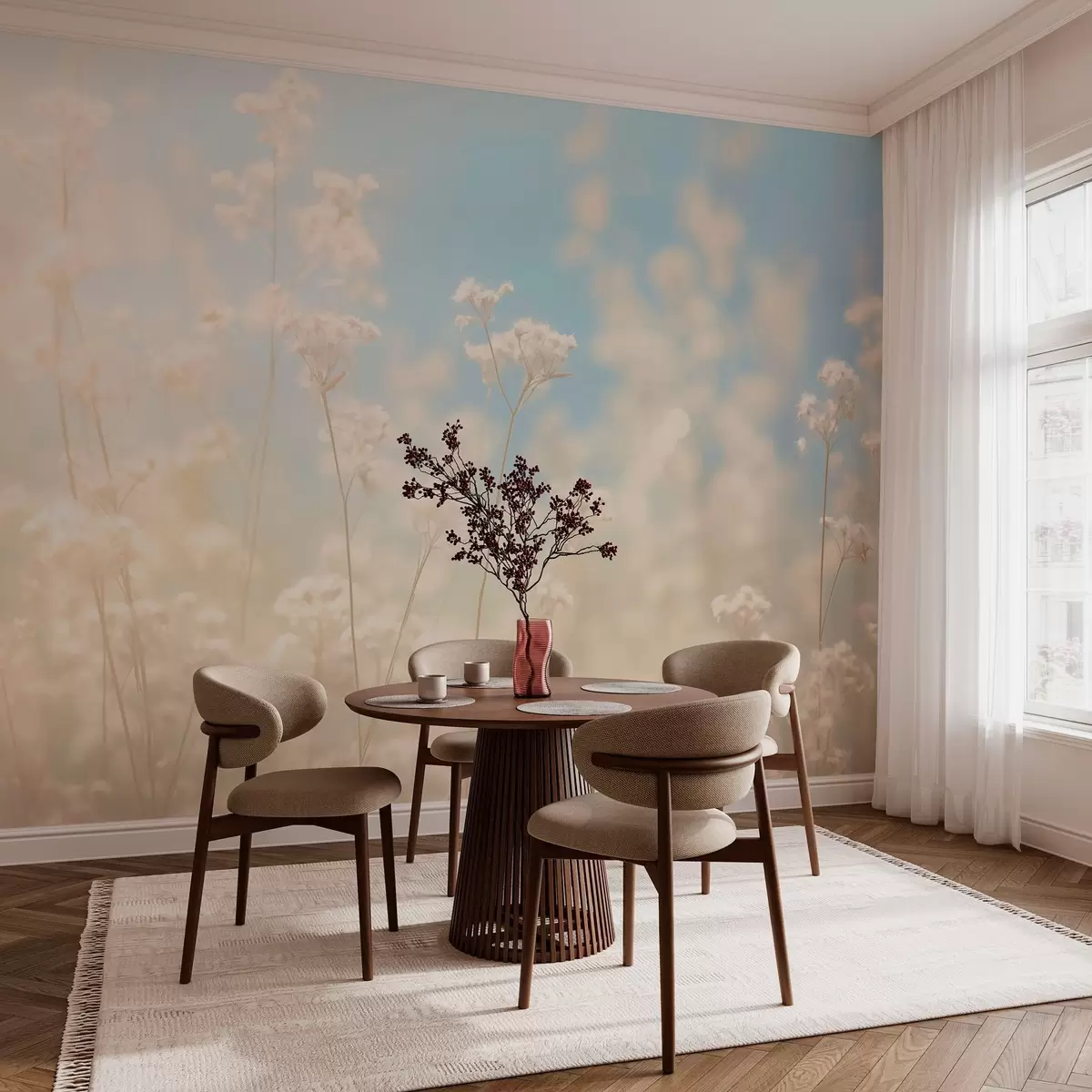 murales de pared Delicado campo de flores secas a la borrosa luz del sol w03801