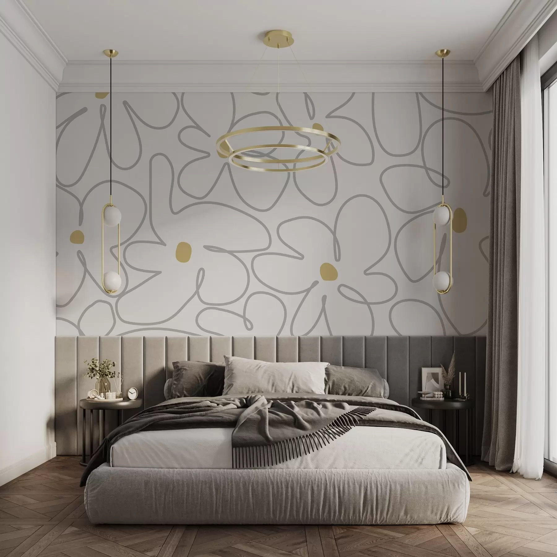murales de pared Arte lineal minimalista de flores en colores claros w03812
