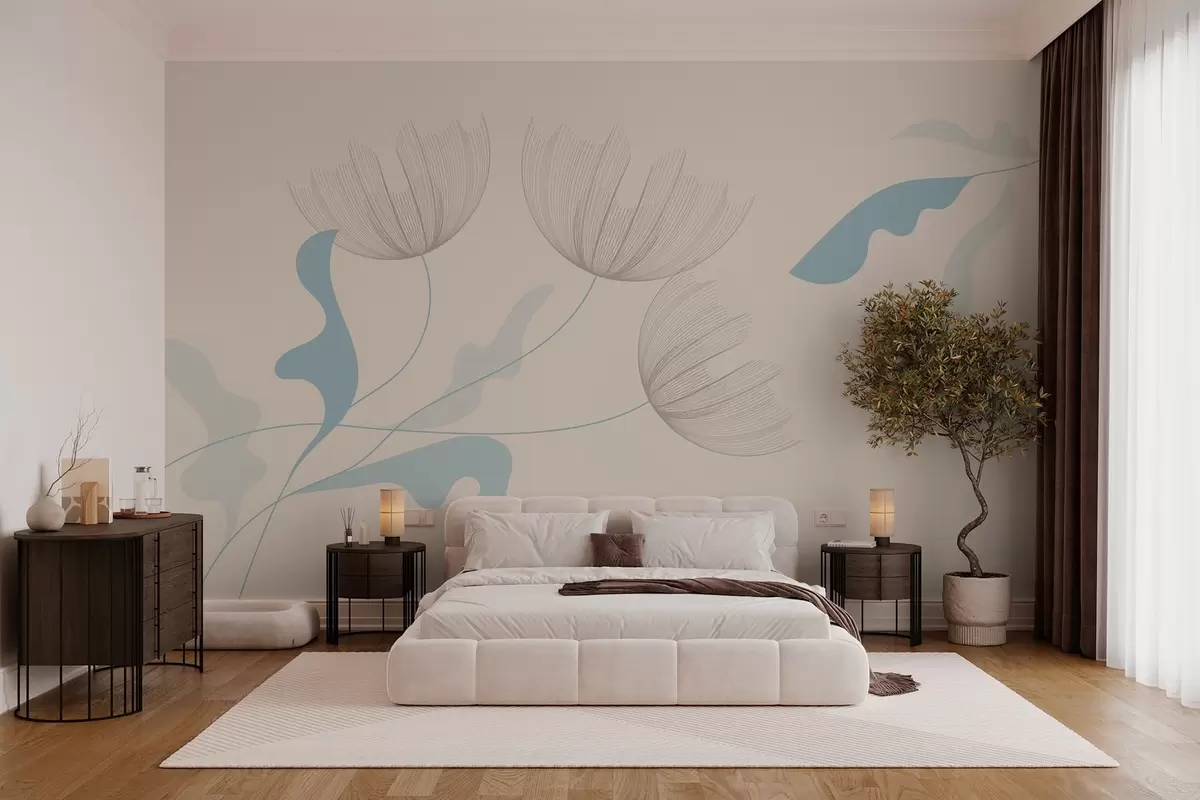 murales de pared elegantes flores minimalistas en tonos azul claro sobre fondo beige w03763v1