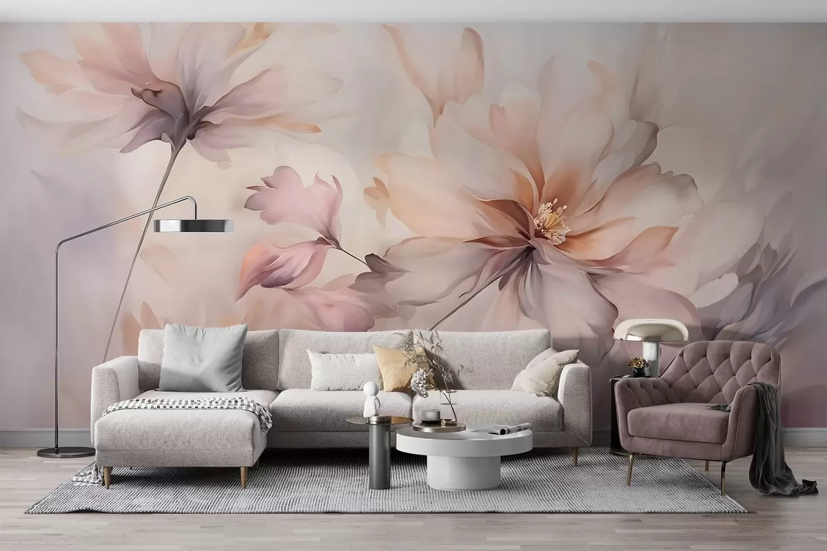 murales de pared Un delicado arte floral con grandes flores de colores pastel con pétalos translúcidos, tallos suaves y un suave fondo difuminado w09050