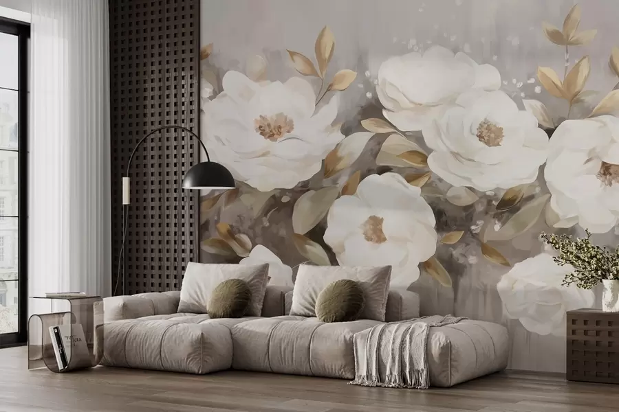 murales de pared Flores blancas con hojas amarillas, pétalos suaves, delicado arreglo floral, paleta de colores neutros, pinceladas texturizadas w09062