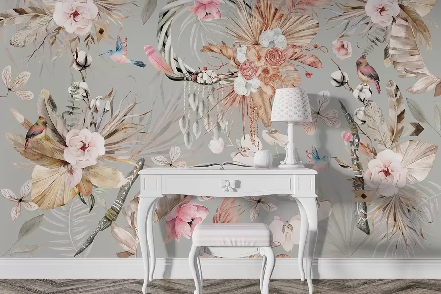 murales de pared Adorno de estilo boho con flores de peonía y pájaros, estilo acuarela, colores beige w03885