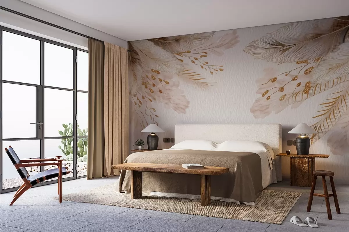 murales de pared Hierba de las pampas y plumas en estilo acuarela en beige y blanco sobre papel w09079