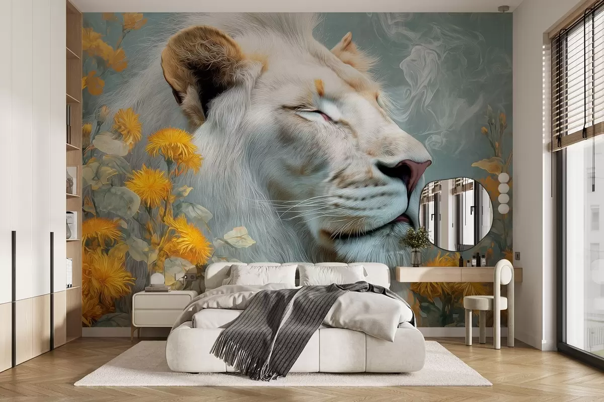 murales de pared Un león blanco rodeado de flores amarillas y humo w09080