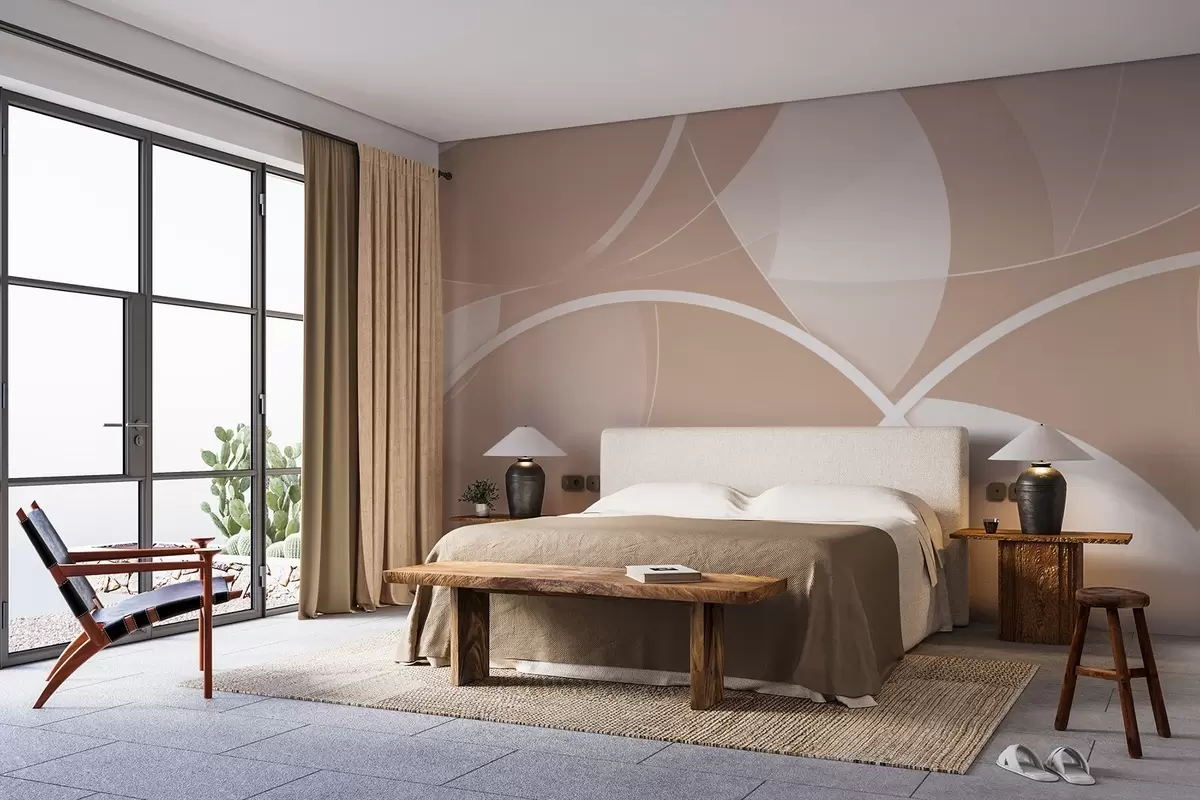 murales de pared Abstracción geométrica en tonos beige y rosa con círculos y semicírculos w09085