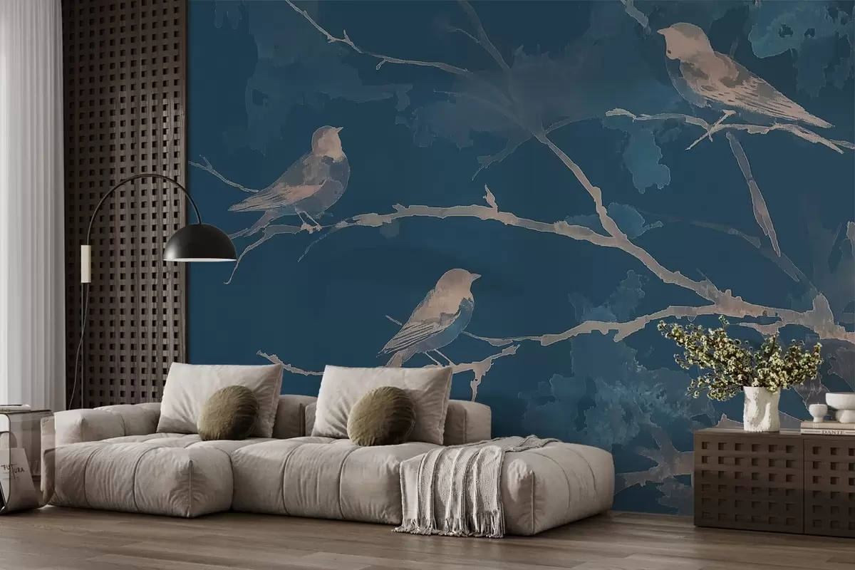 murales de pared Pájaros en las ramas de los árboles en estilo acuarela w09064v1