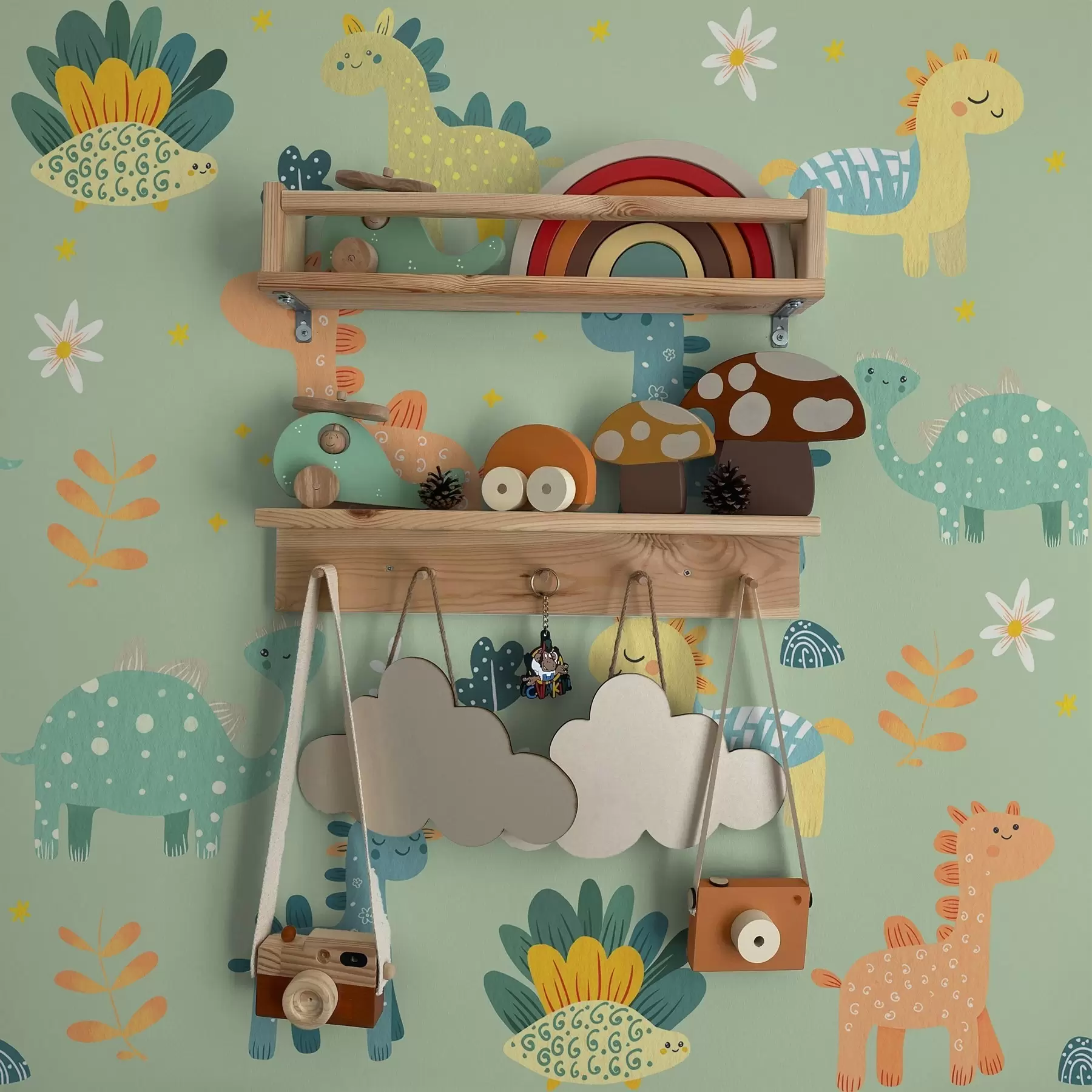 murales de pared Divertidos dinosaurios en una suave paleta verde sobre fondo claro a00125v1