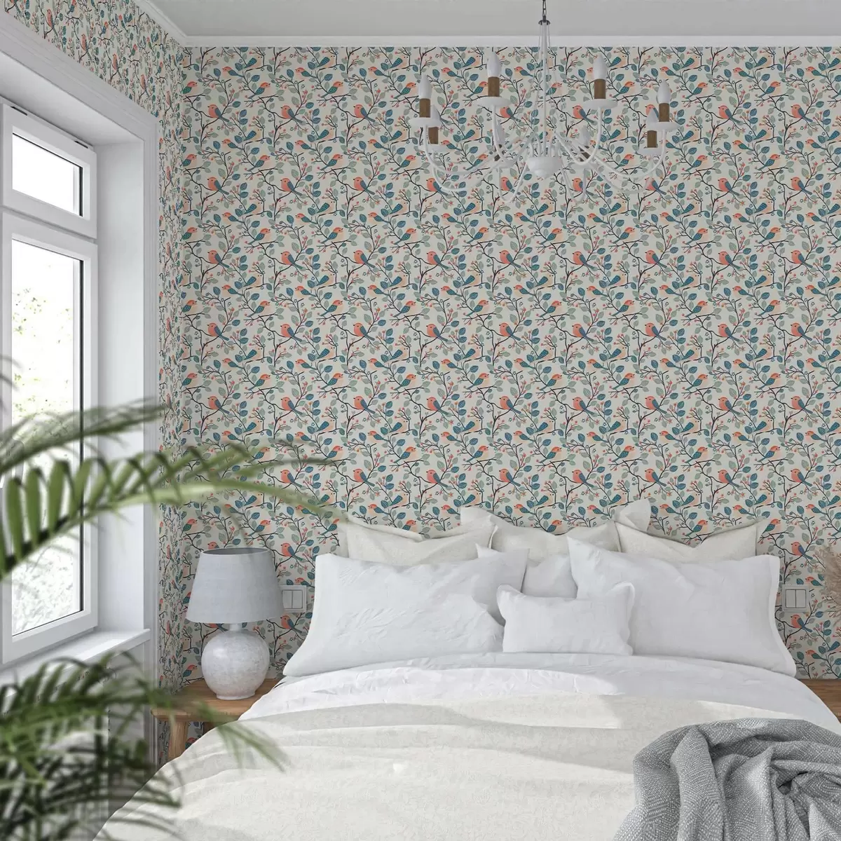 Papel pintado Pájaros en las ramas y bayas de colores cálidos a00128v1