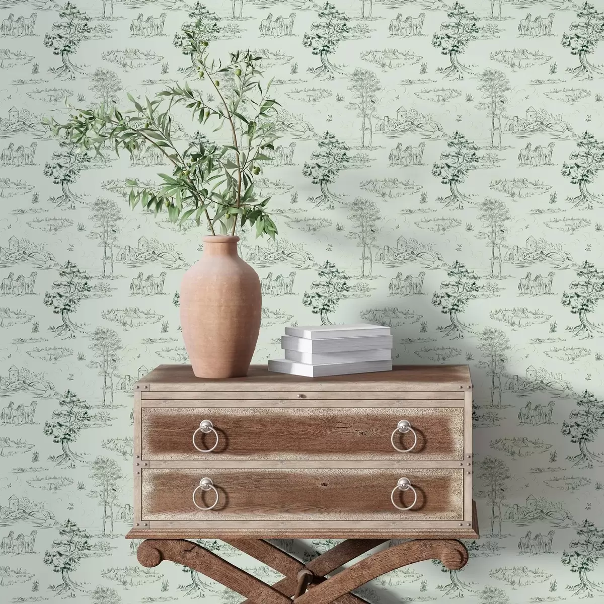 Papel pintado Escena con caballos, árboles y castillo sobre fondo verde a00133v1