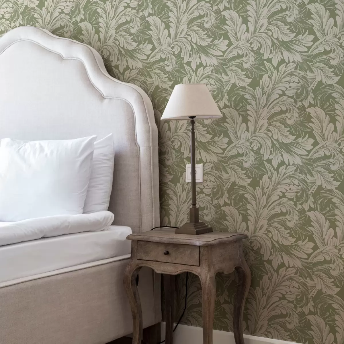 Papel pintado Barroco con hojas crema sobre fondo verde a00135