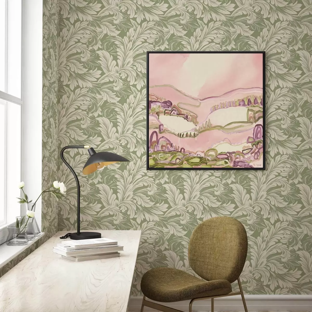 Papel pintado Barroco con hojas crema sobre fondo verde a00135