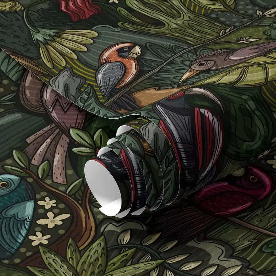 murales de pared Aves exóticas en la selva al estilo de un grabado a00157