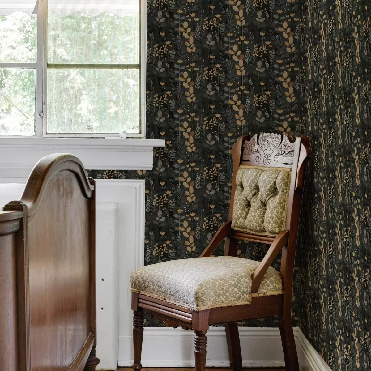 Papel pintado Estampado floral en tonos grises y amarillos a00163