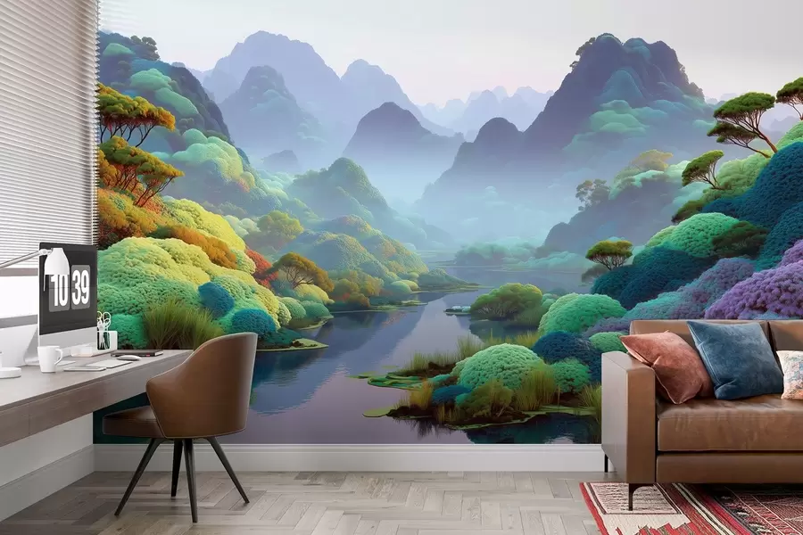 murales de pared Paisaje de montaña con un río en tonos azules con árboles y arbustos w09088