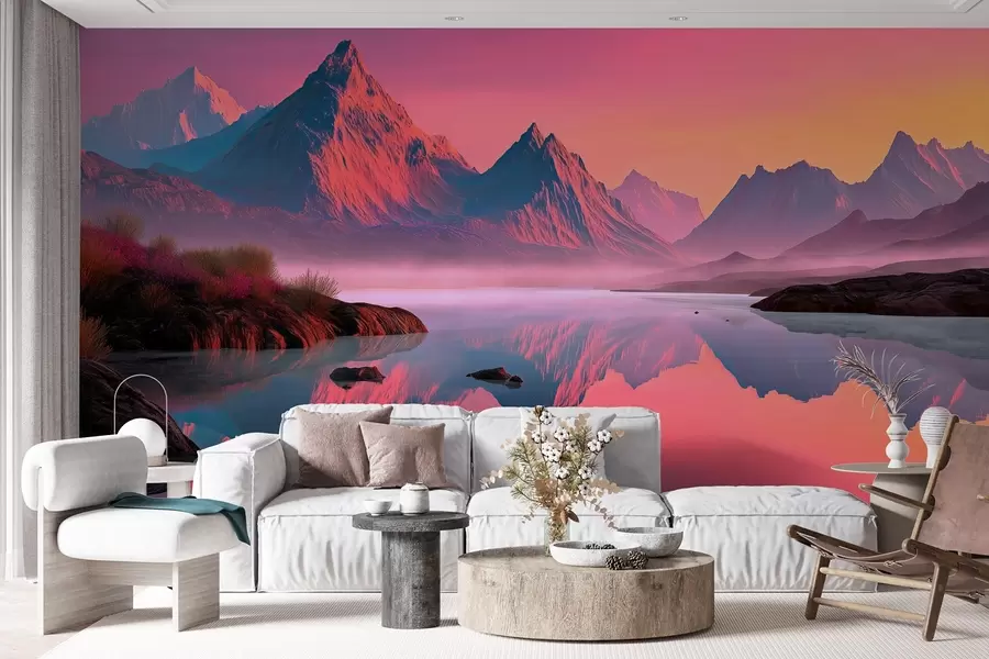 murales de pared Romántico paisaje al atardecer con un río y montañas en tonos rosados w09093
