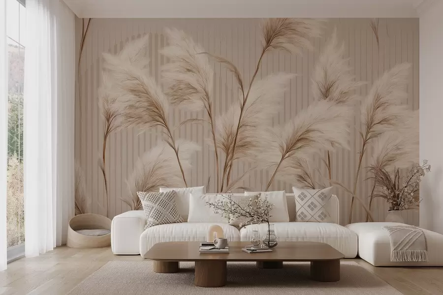 murales de pared Hierba de la Pampa sobre un fondo de líneas en tonos beige w09104