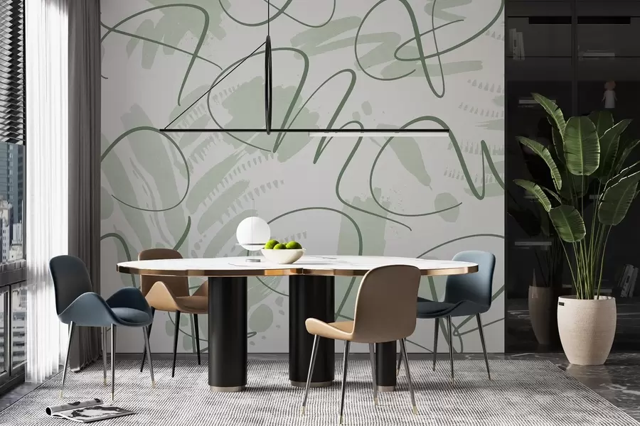 murales de pared Abstracción caligráfica con letras, pinceladas, color verde w03913v3