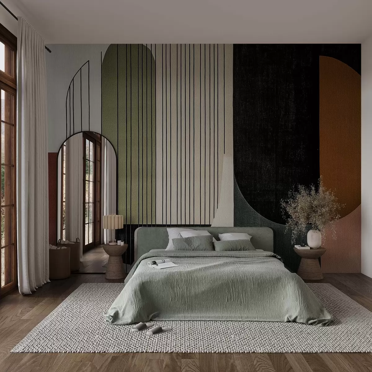 murales de pared moderna composición geométrica abstracta con formas superpuestas y patrones de líneas verticales, finas líneas que rellenan trapecios y óvalos, suave textura textil superpuesta, tonos cálidos apagados como verde oliva, topo, beige y carbón, sutiles efectos de transparencia entre las formas w03937v4
