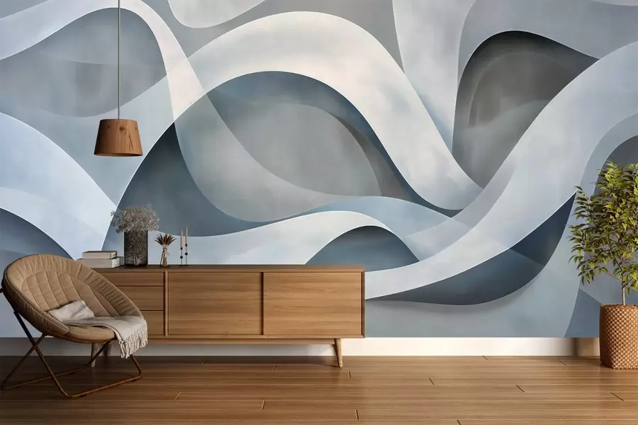 murales de pared composición minimalista abstracta de formas orgánicas en capas, cada una perfilada con un suave borde blanco, rellena de densos trazos lineales internos, como textura de tela o papel, curvas fluidas en tonos neutros beige, arena, piedra y marfil, aspecto gofrado w03940v2
