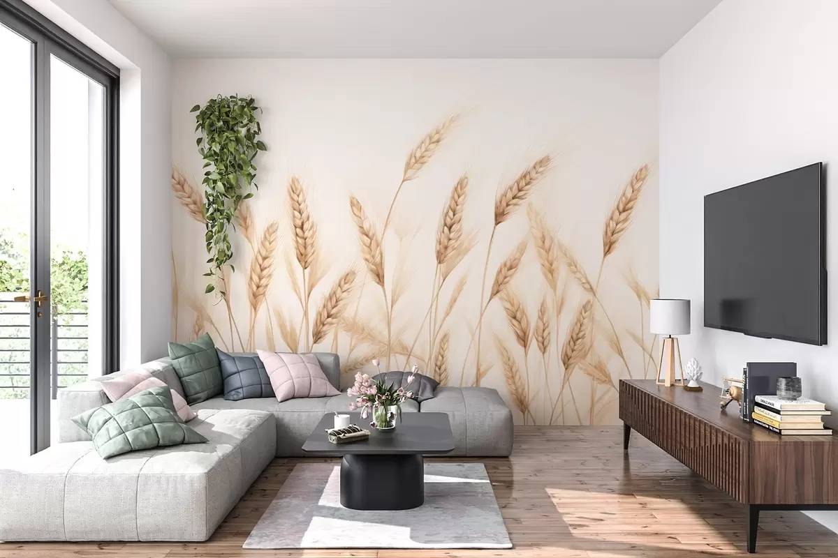 murales de pared delicada ilustración botánica de tallos de trigo, estilo dibujado a mano, líneas finas con textura de tiza pastel, suaves tonos sepia y marrón terroso, fondo blanco, composición simétrica elegante, estética de boceto natural w03943