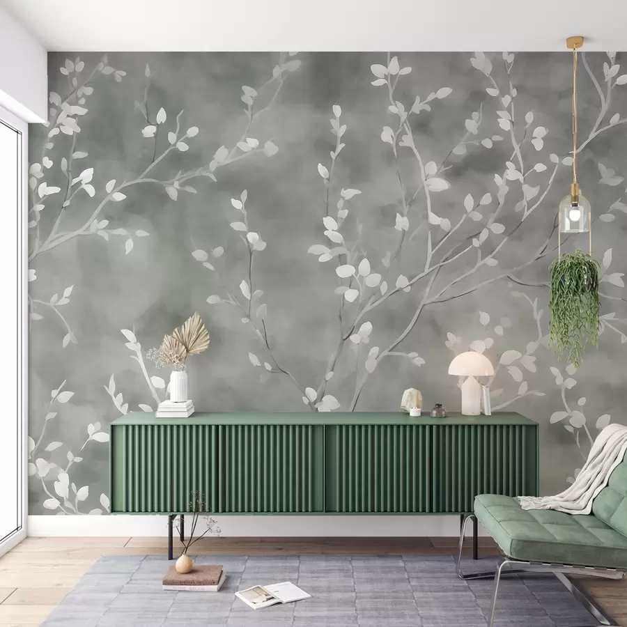 murales de pared papel pintado minimalista pintado a mano con suaves ramas de árbol blancas con delicadas hojas, que se ramifican orgánicamente sobre un fondo verde salvia apagado, finas líneas botánicas de flujo natural w03949v2