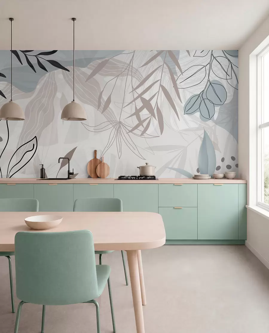 murales de pared Diseño floral abstracto moderno con hojas de color beige pastel, gris, azul y negro, delicado arte lineal y fondo suave w09105
