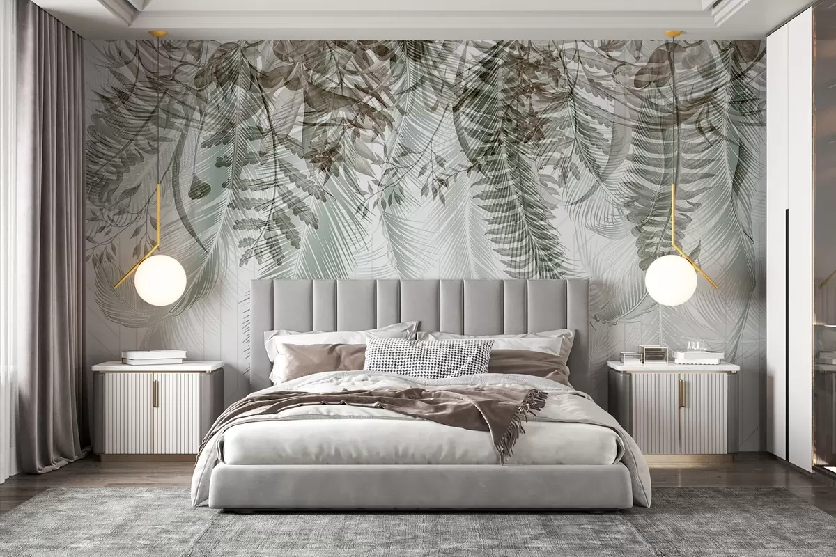 murales de pared Delicada caída de helechos tropicales y hojas de palmera, fondo geométrico, luz suave, colores apagados, elegante w09106v1