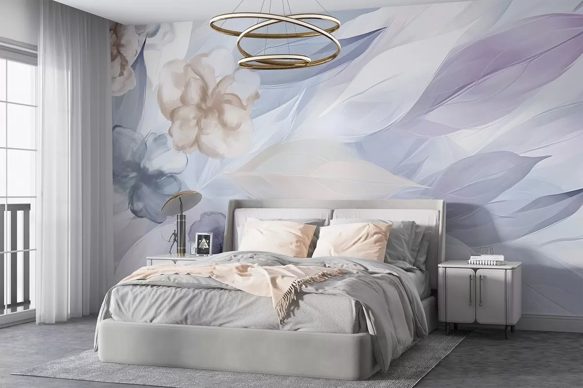 murales de pared Delicadas flores y hojas en tonos blancos, azules, púrpuras y beige fondo floral , colores suaves, delicados pétalos w09111