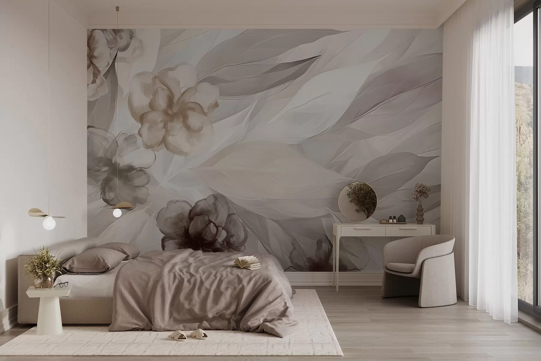 murales de pared Delicadas flores y hojas en tonos blancos, marrones y beige, fondo floral, colores suaves y delicados pétalos w09111v1