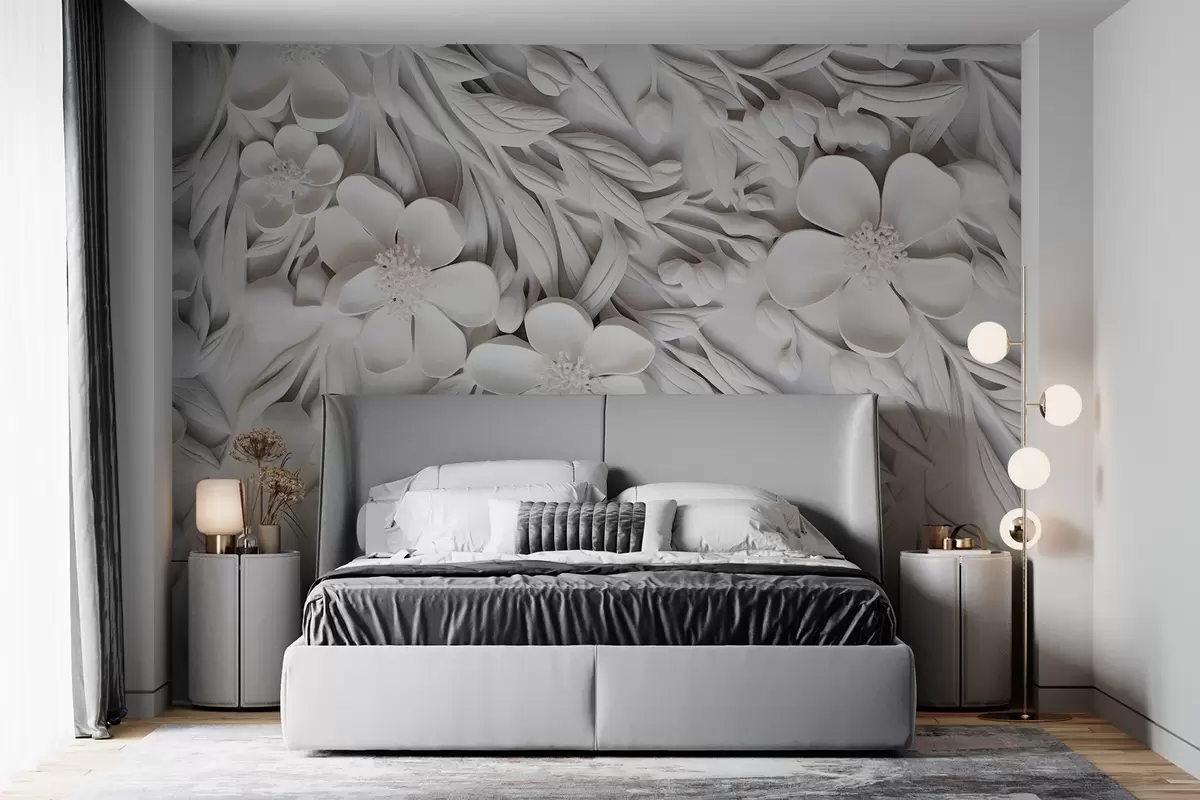 murales de pared Flores blancas y hojas en un fondo blanco, floral elegante, diseño decorativo, detalles intrincados w09113