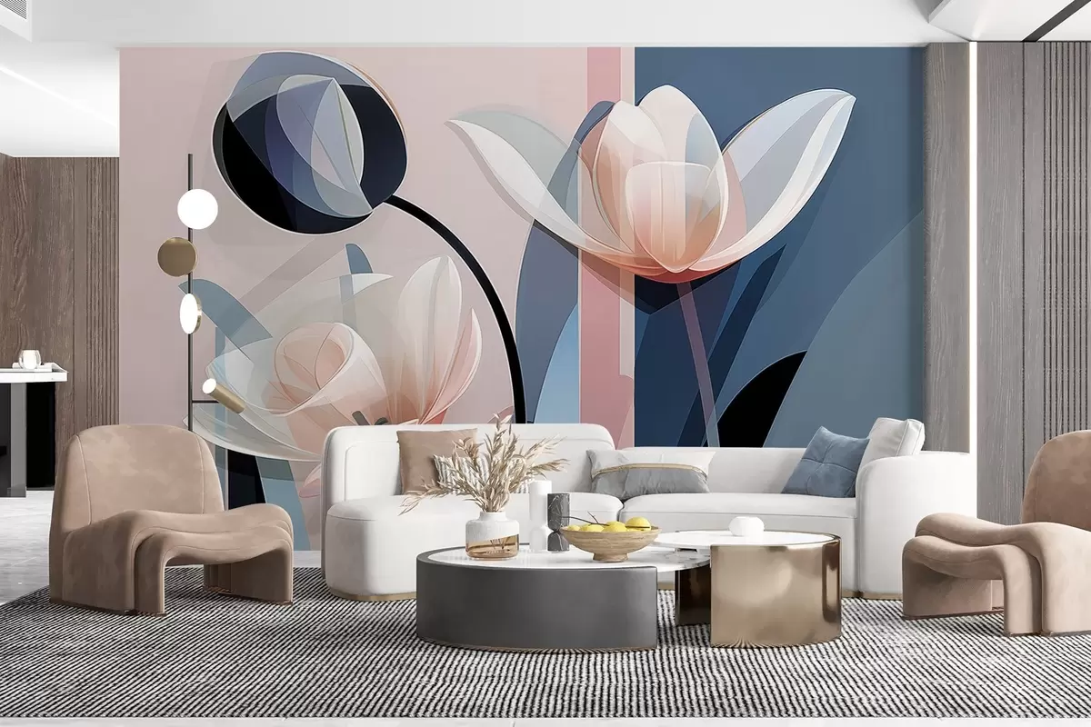 murales de pared Diseño moderno abstracto con tulipanes de pétalos transparentes en tonos pastel rosa, blanco y azul oscuro w09116