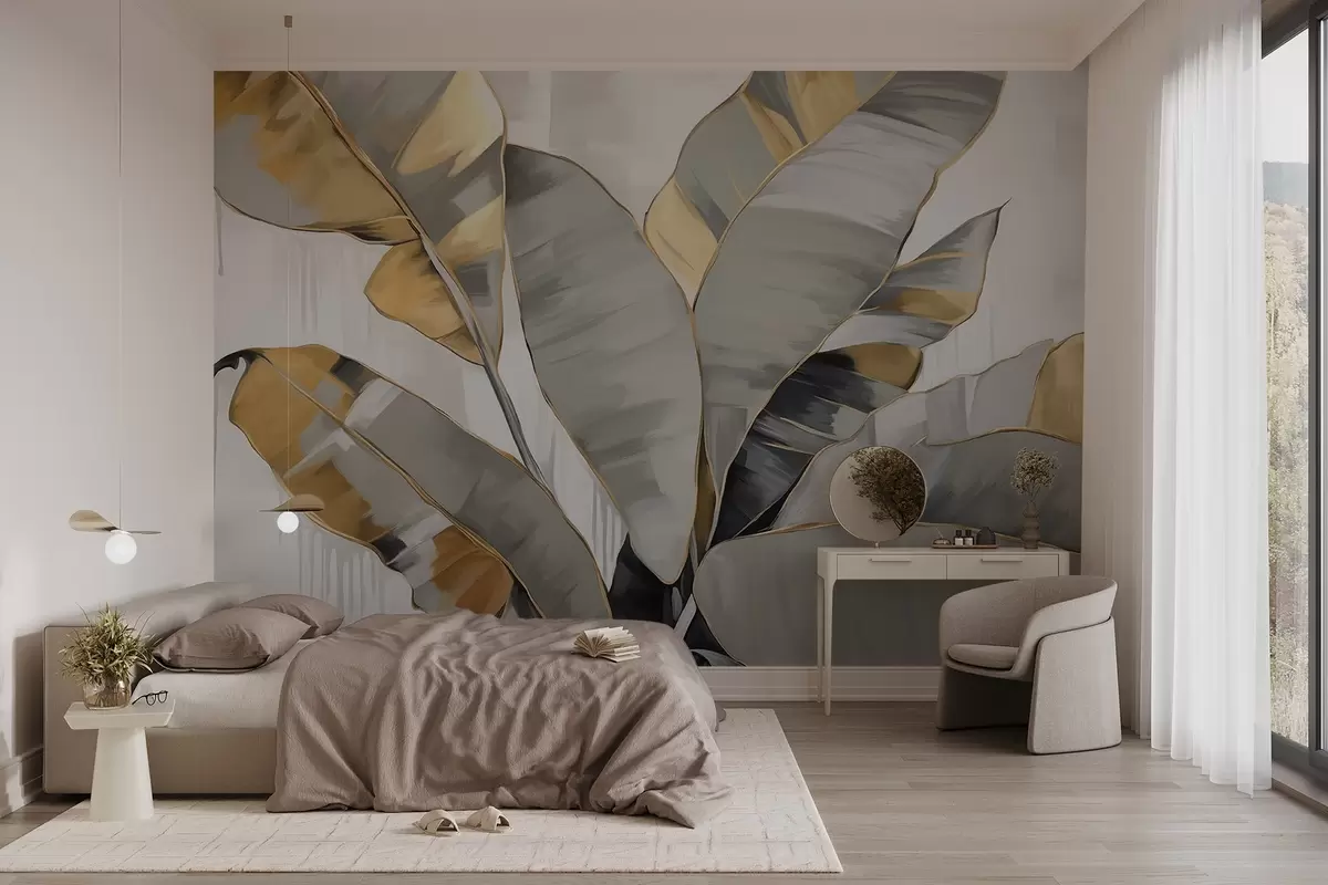 murales de pared Plátano tropical con textura de hojas en tonos grises y amarillos, estilo moderno, fondo neutro, cuadro decorativo w09118
