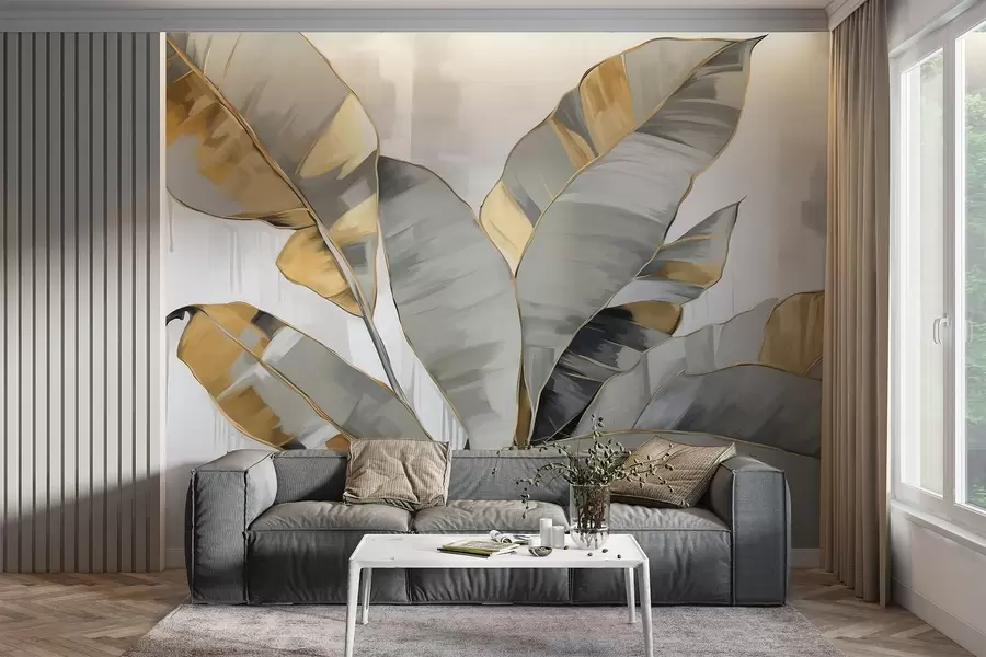murales de pared Plátano tropical con textura de hojas en tonos grises y amarillos, estilo moderno, fondo neutro, cuadro decorativo w09118