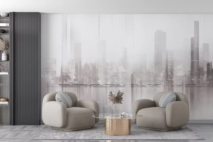 murales de pared Paisaje urbano abstracto texturizado con edificios altos y franjas, en tonos grises y blancos, creando un efecto brumoso w09119