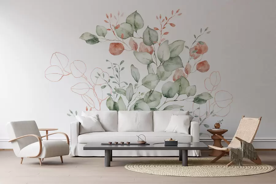 murales de pared Vegetación y ramas imitación de acuarela texturizada, tonos verdes y rojos w03927v1