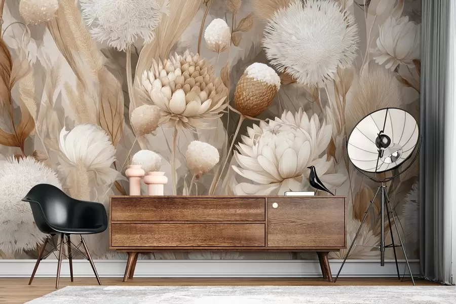 murales de pared Armonía boho: Flores texturizadas en tonos beige y crema w09121