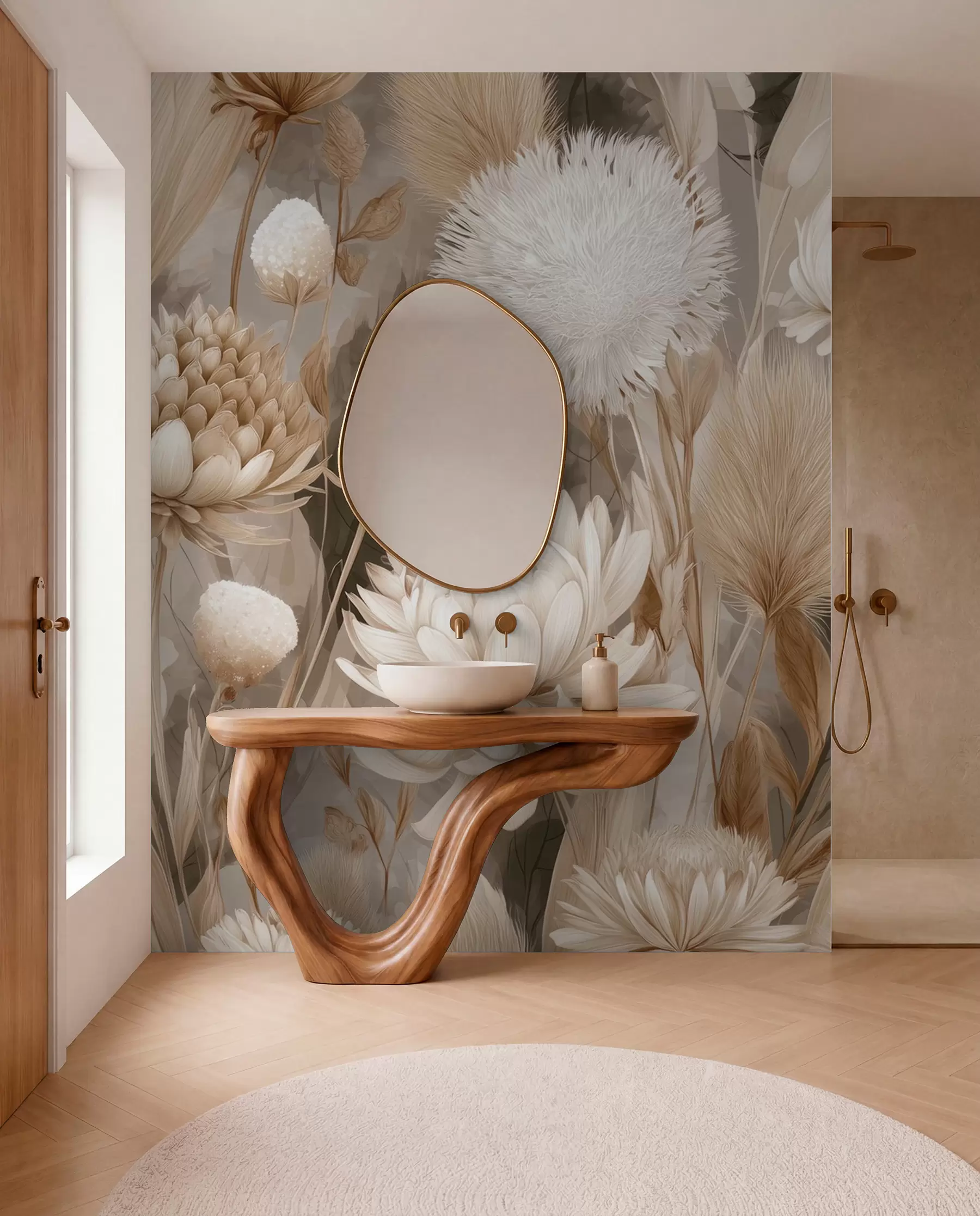 murales de pared Armonía boho: Flores texturizadas en tonos beige y crema w09121