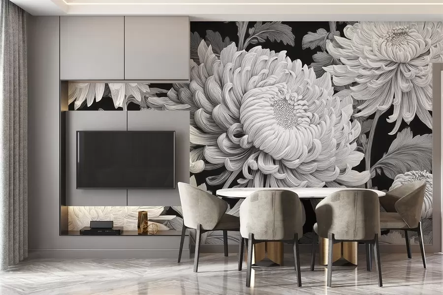 murales de pared Orquídeas grandes blancas y negras con hojas w09125v1