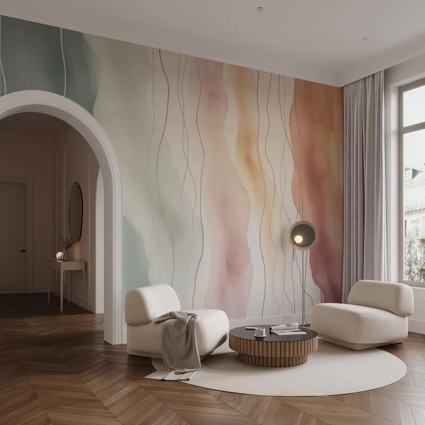 murales de pared Ondas abstractas de acuarela en colores cálidos y fríos w03989