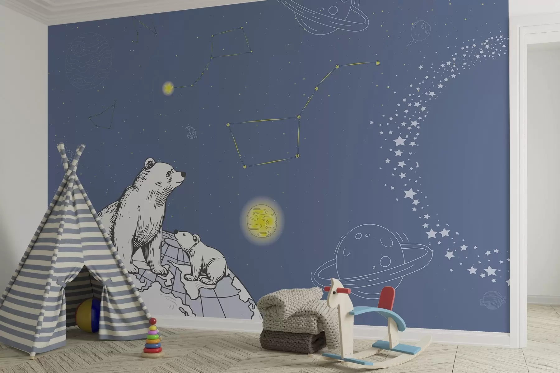 murales de pared Osos y estrellas sobre fondo azul, astronomía nocturna w04002v1