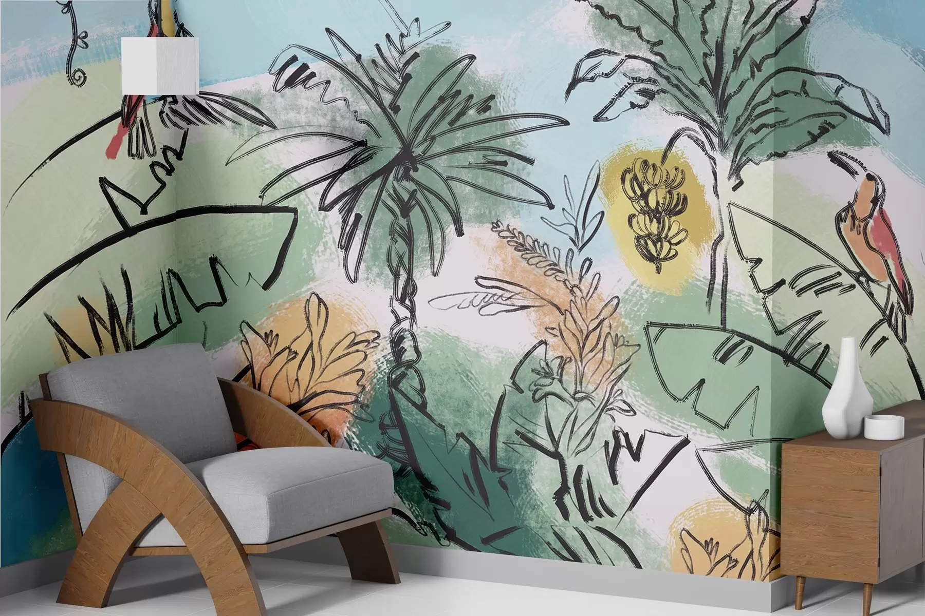 murales de pared Estampado tropical con loros, colores vivos, trópicos w04019