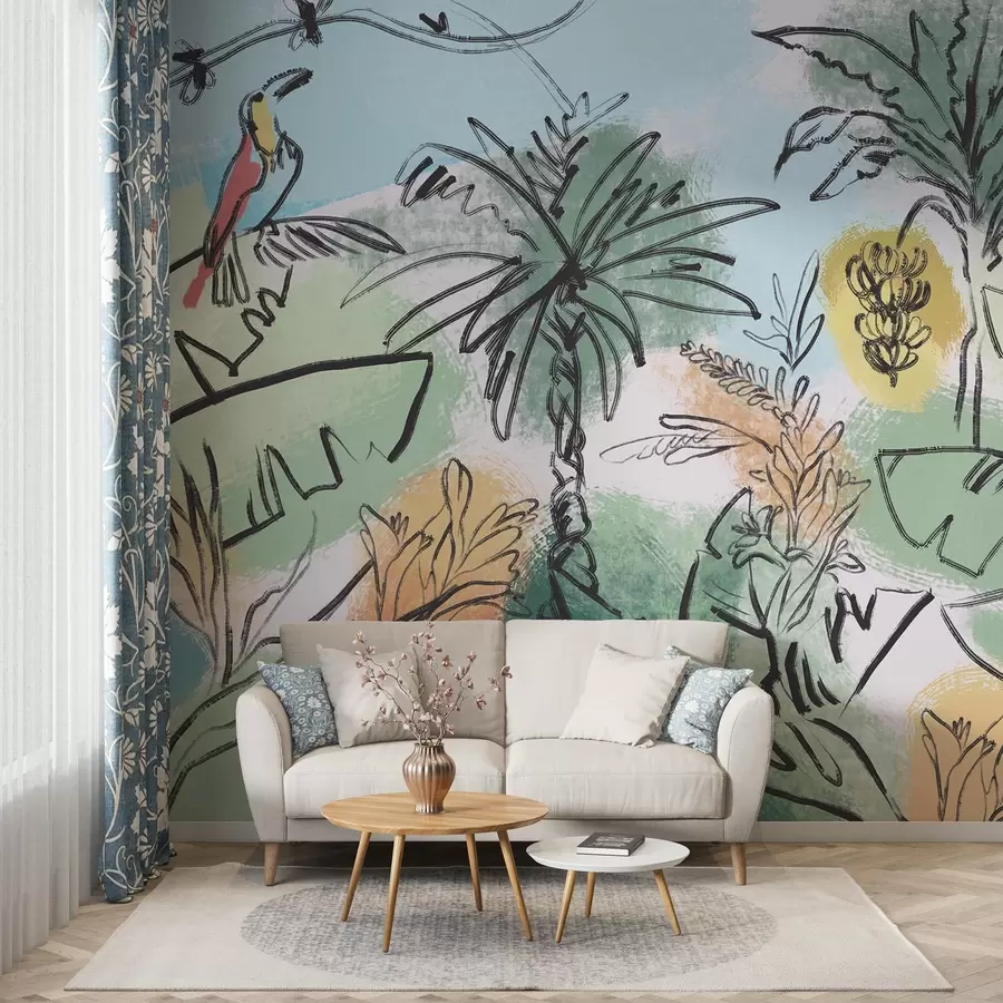 murales de pared Estampado tropical con loros, colores vivos, trópicos w04019
