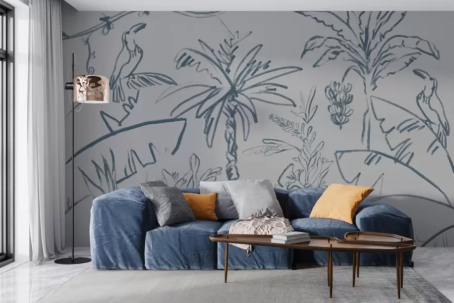 murales de pared Motivo tropical en azul, plátanos, palmeras w04020v1