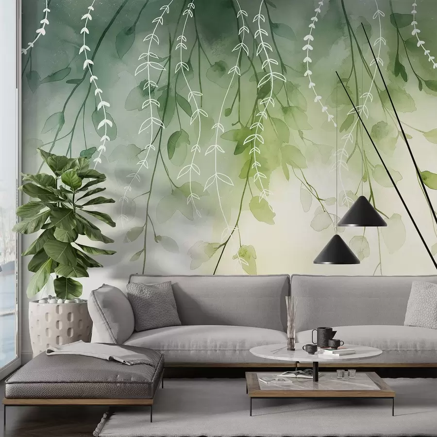 murales de pared Ramas con hojas en estilo acuarela, colores verdes naturales w04007